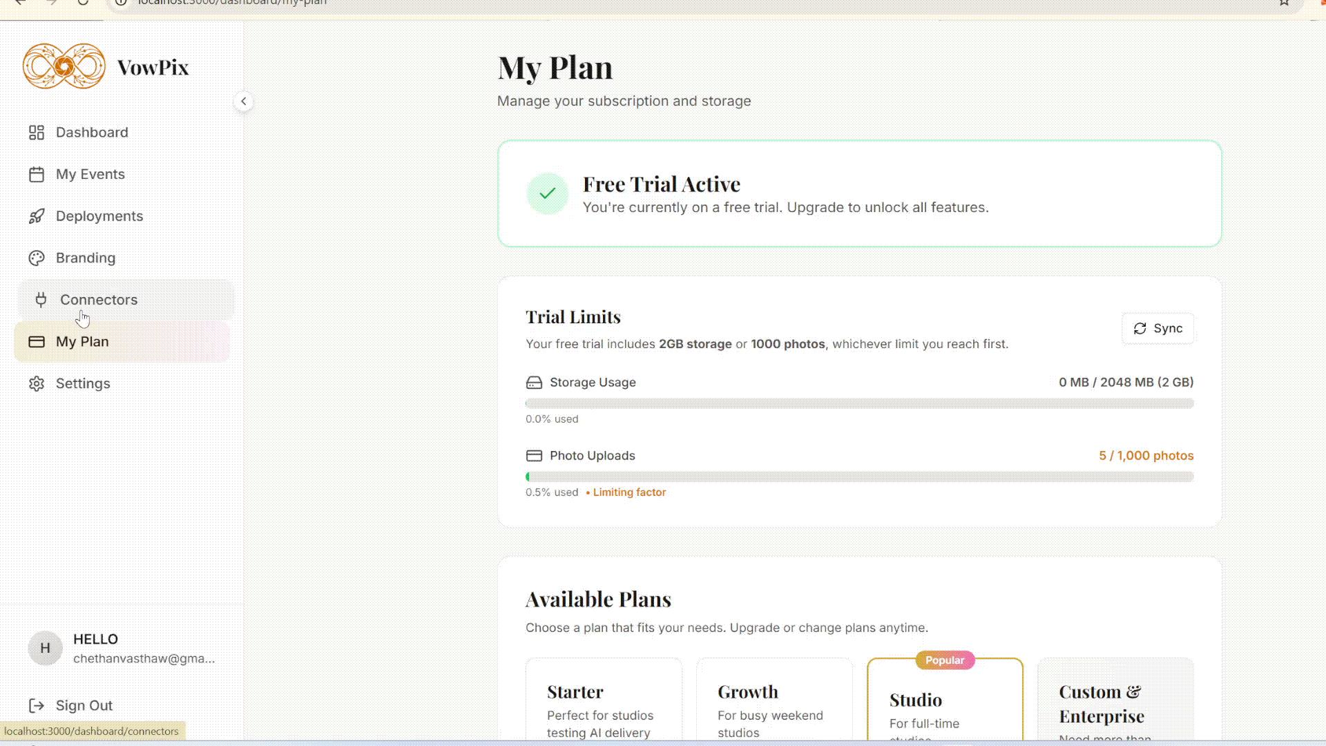 Connecting Dropbox to VowPix — click Connect, authorize, and you are done in 10 seconds