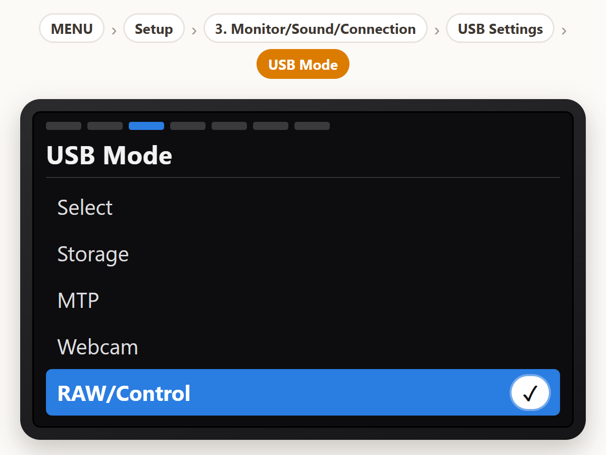 Set USB Mode to RAW/Control