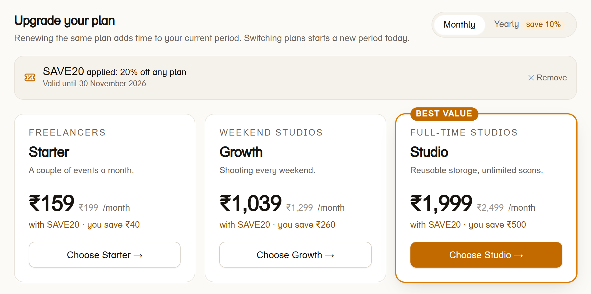 My Plan after a coupon is applied: discounted prices on the plan cards