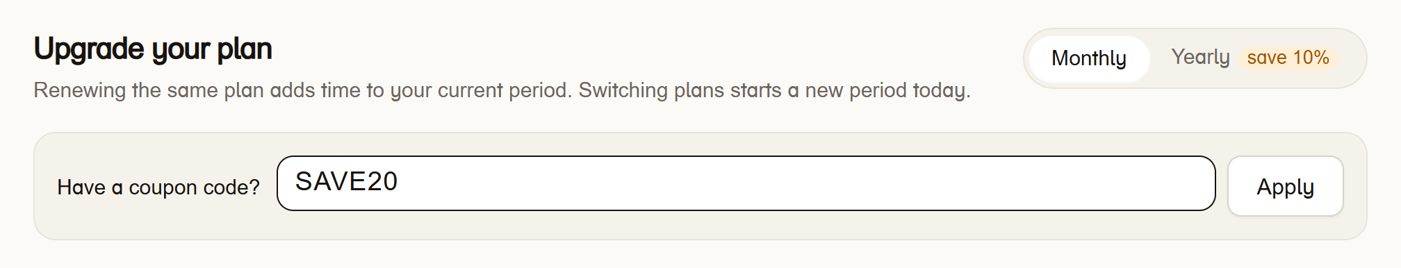 The coupon box on My Plan with a code typed in