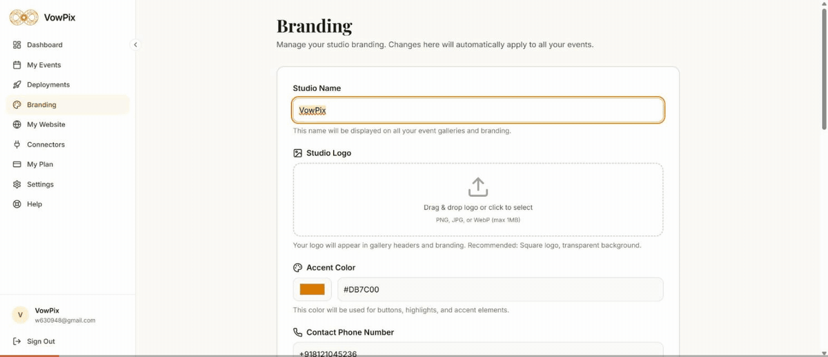 Filling in the Branding page: studio name, logo, colour, phone, Instagram, WhatsApp, YouTube and saving