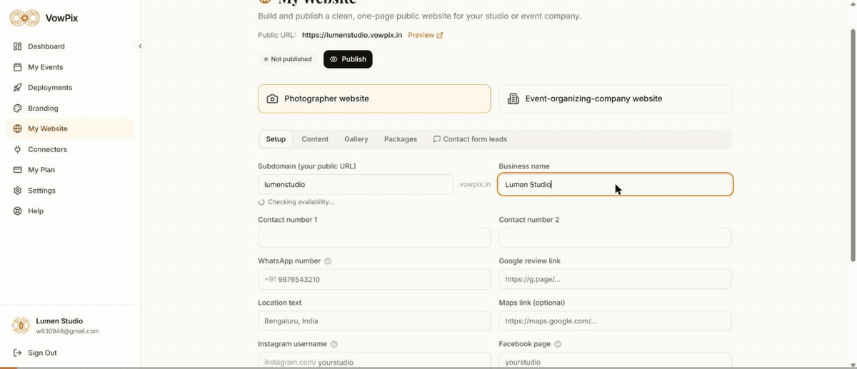 My Website: filling Setup, adding gallery photos and a package, saving and publishing