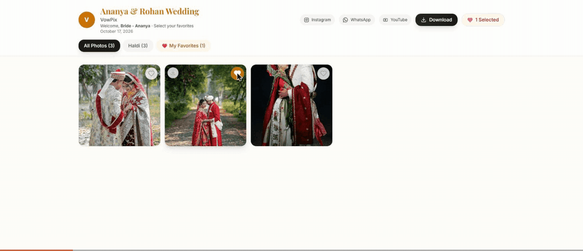 Opening the client selection link, entering the 6-digit PIN and hearting photos
