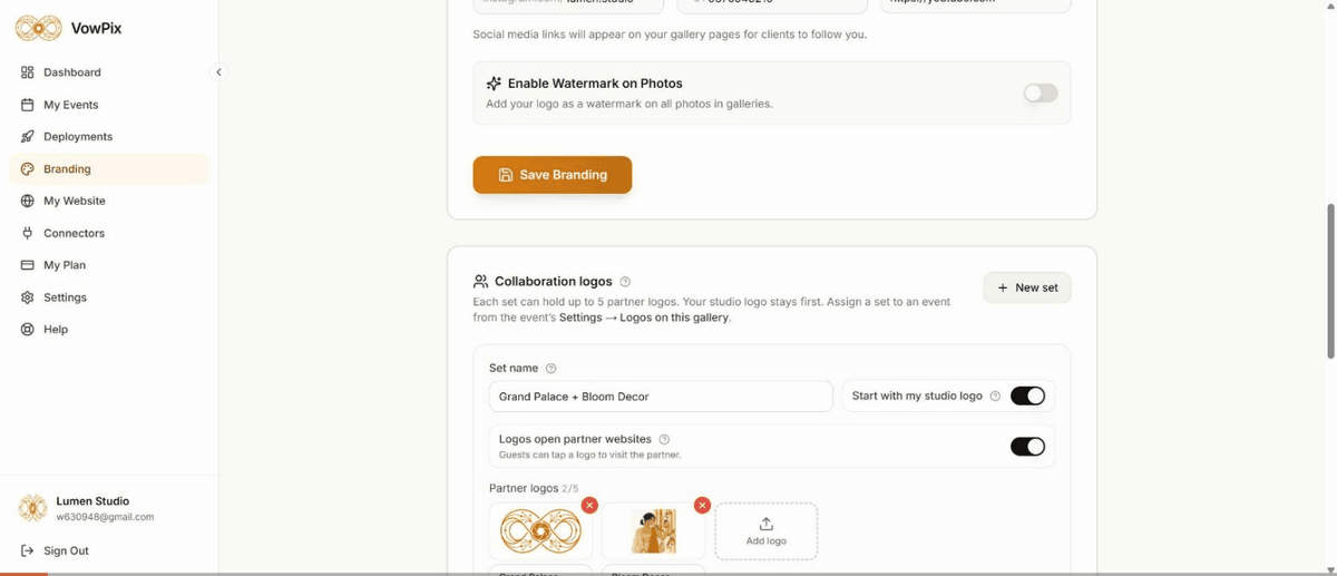 Creating a collaboration set in Branding: name, two partner logos with names, clickable websites, and saving