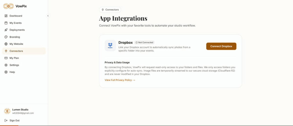 Connectors page: pressing Connect Dropbox, approving on Dropbox, and returning connected