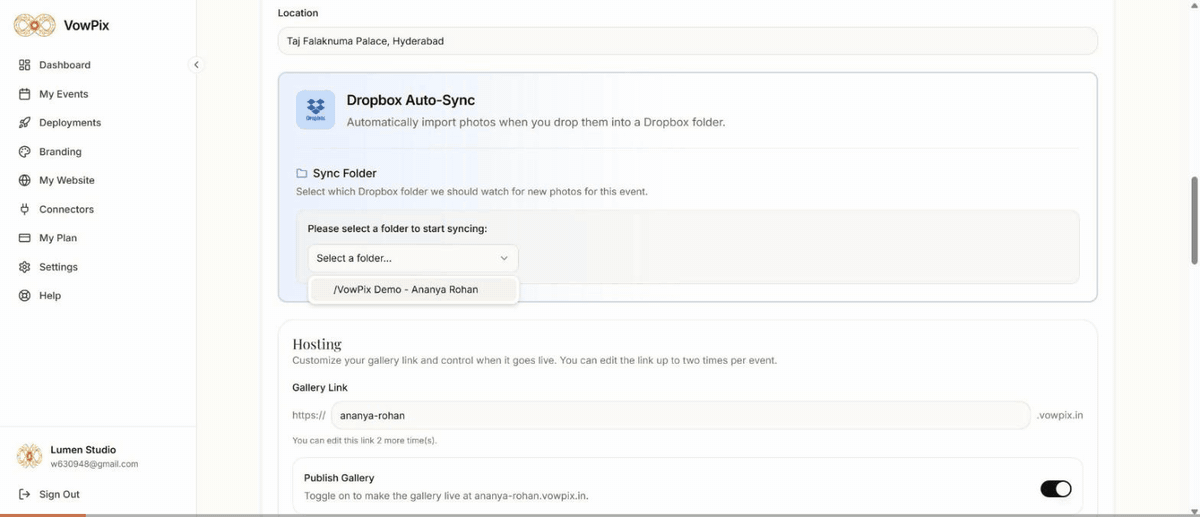 In the event's Settings: picking a Dropbox folder, saving, and running a manual sync