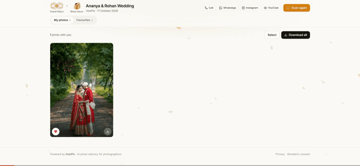 Opening a photo, adding it to favourites, selecting photos and downloading