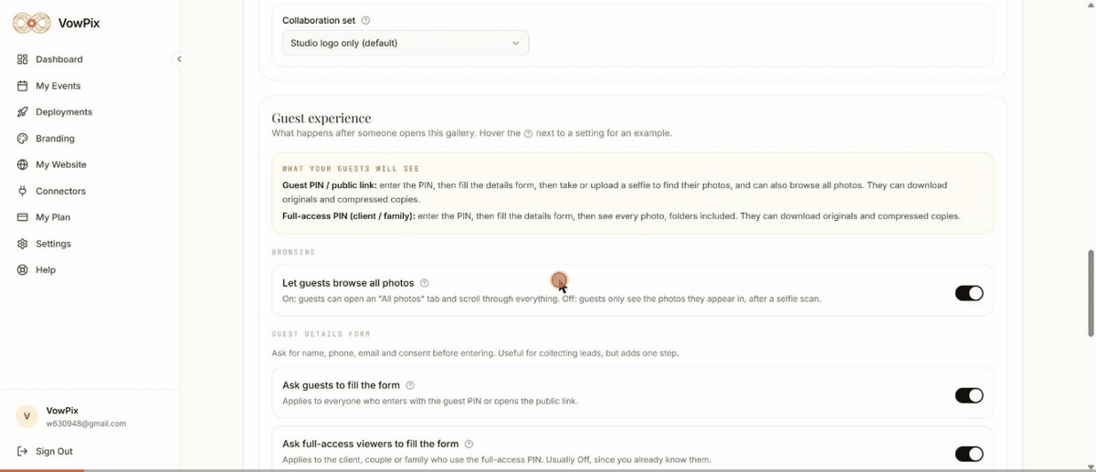 Hovering a ? for an example, turning off the form for full-access viewers, the summary updating, and saving