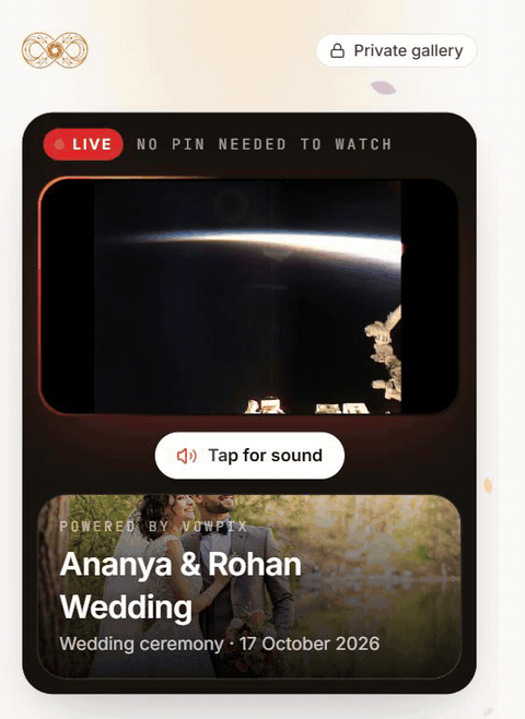 The guest side: the stream playing on the PIN screen, Tap for sound, the countdown inside the gallery, and the LIVE tag when the PIN is required