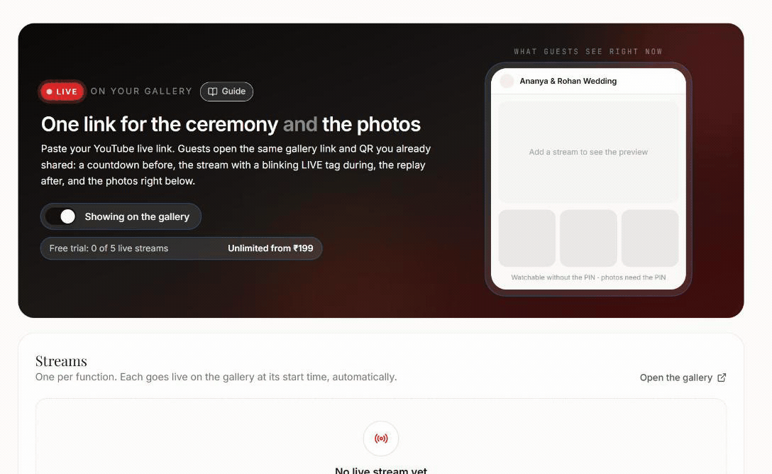 Setting up a live stream in the event's Live tab: pasting the YouTube link, the check, start time, who can watch and saving