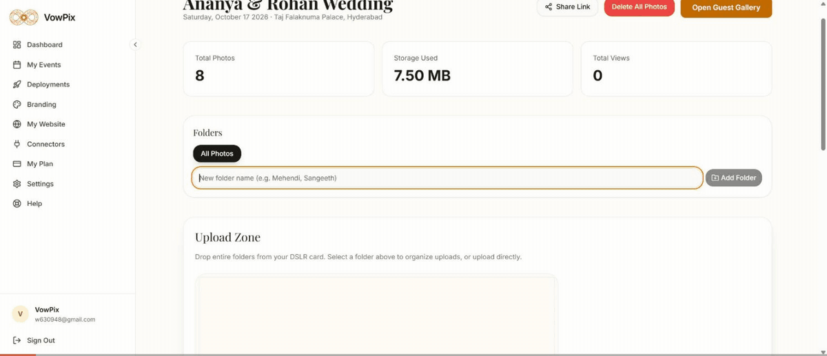 Creating the Haldi and Reception folders, selecting Haldi, and uploading three photos into it
